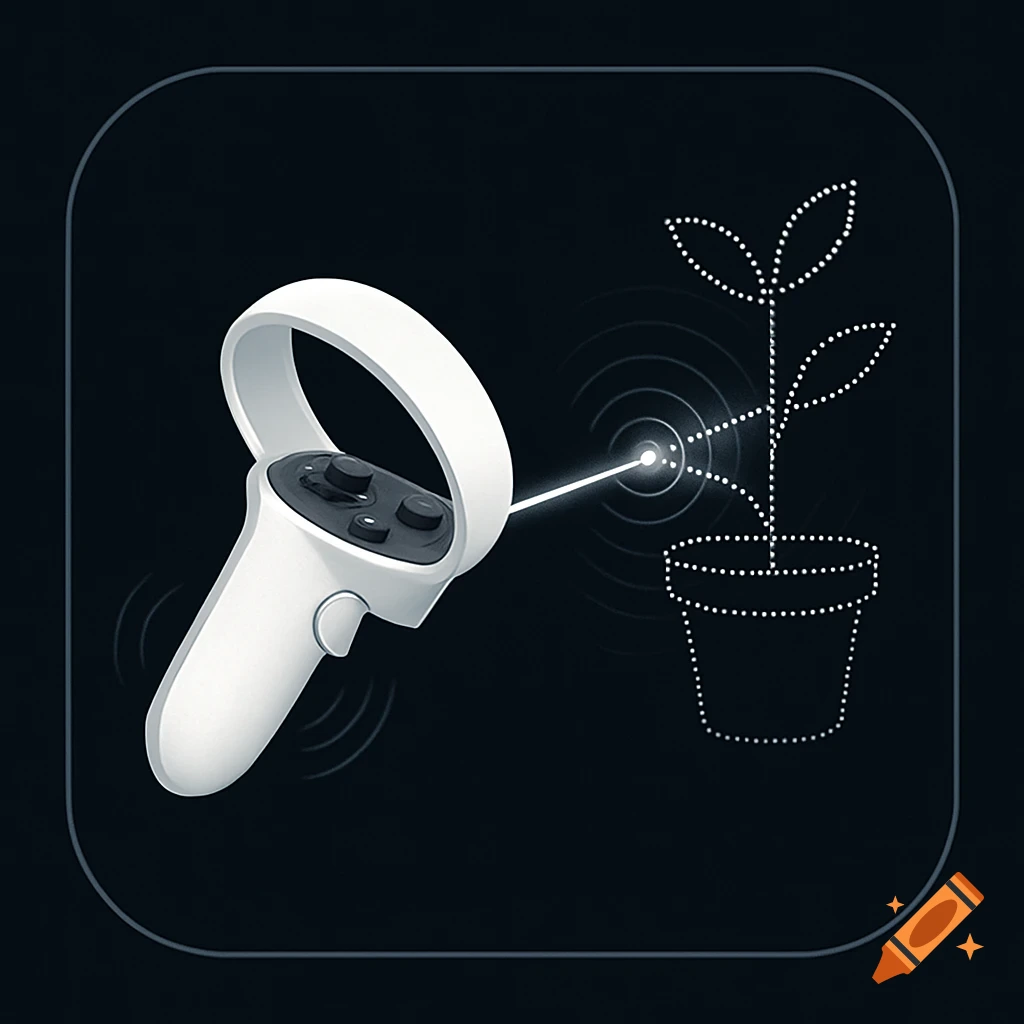 White VR controller pointing a laser at a stylized dotted line plant in a pot on a dark background, enclosed in a rounded square frame.