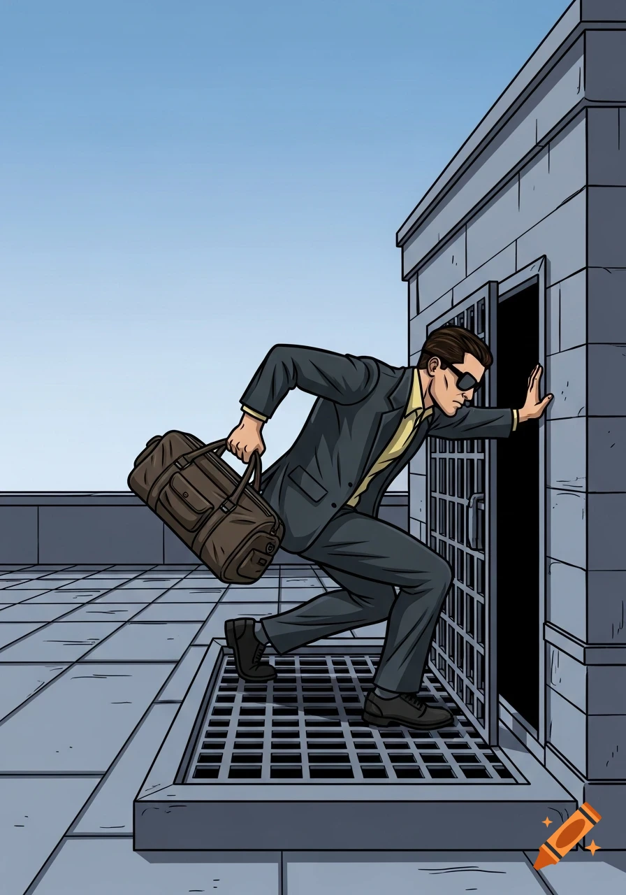 A man in a suit and sunglasses, carrying a duffel bag, squeezes through an open grate on a building rooftop in a comic art style.