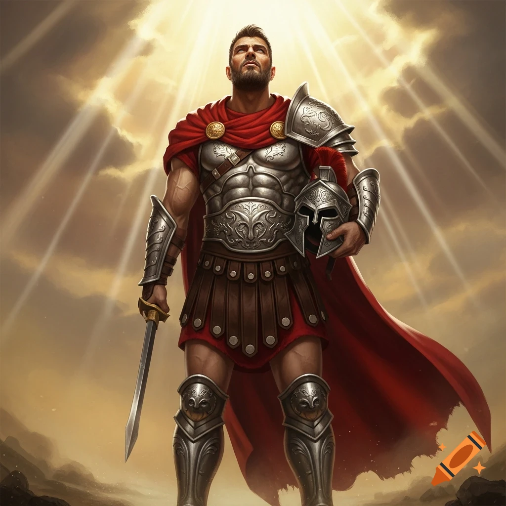 A muscular gladiator in ornate silver armor and a red cape looks ...