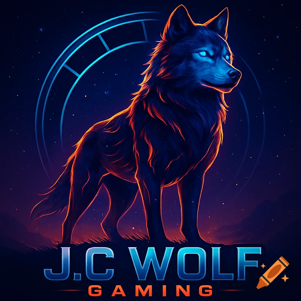 A stylized wolf logo with glowing blue eyes and orange highlights, against a starry cosmic background with a blue ring. Text reads 'J.C WOLF GAMING'.