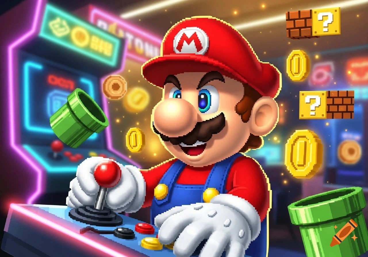 A stylized, Mario-like character grins while playing an arcade game, surrounded by floating coins, pipes, and question blocks.