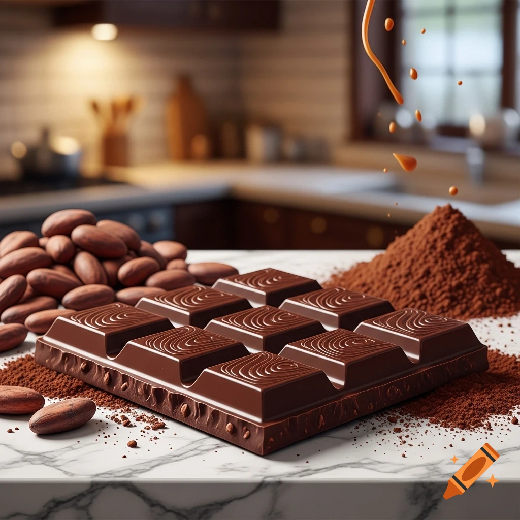 A close-up of a chocolate bar, cocoa beans, and cocoa powder on a marble countertop in a kitchen.