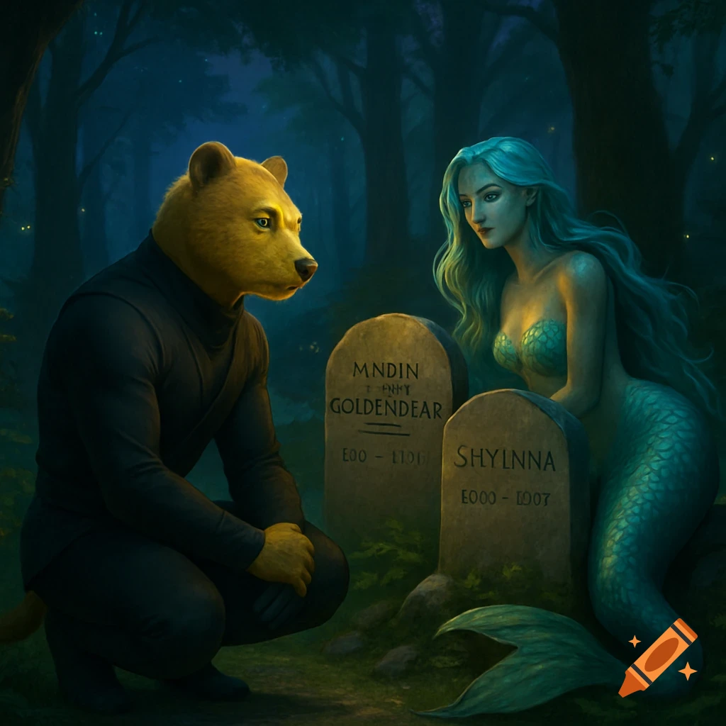 A golden-furred bear-man in black kneels beside a mermaid with a teal tail and hair, mourning at two gravestones in a dark forest.