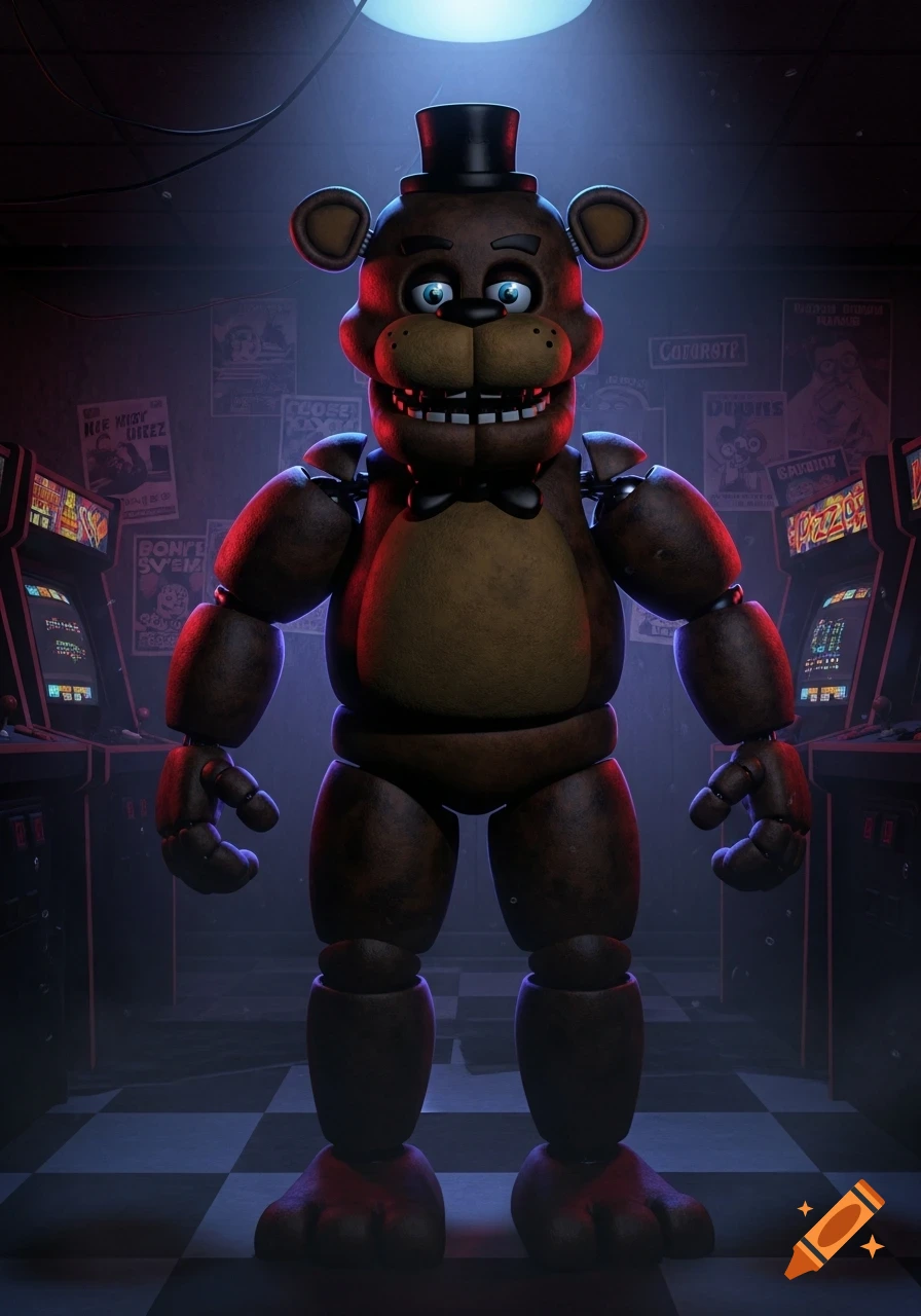 A detailed 3D render of Freddy Fazbear, a brown animatronic bear in a top hat and bowtie, standing in a dimly lit arcade.