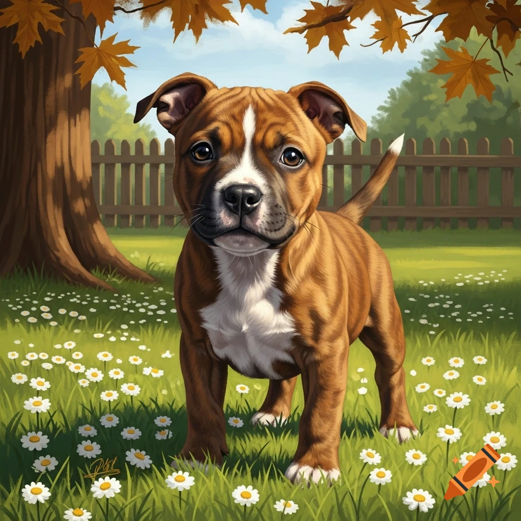 A cute brown and white Staffordshire Bull Terrier puppy stands in a field of white daisies under autumn leaves with a wooden fence in the background.