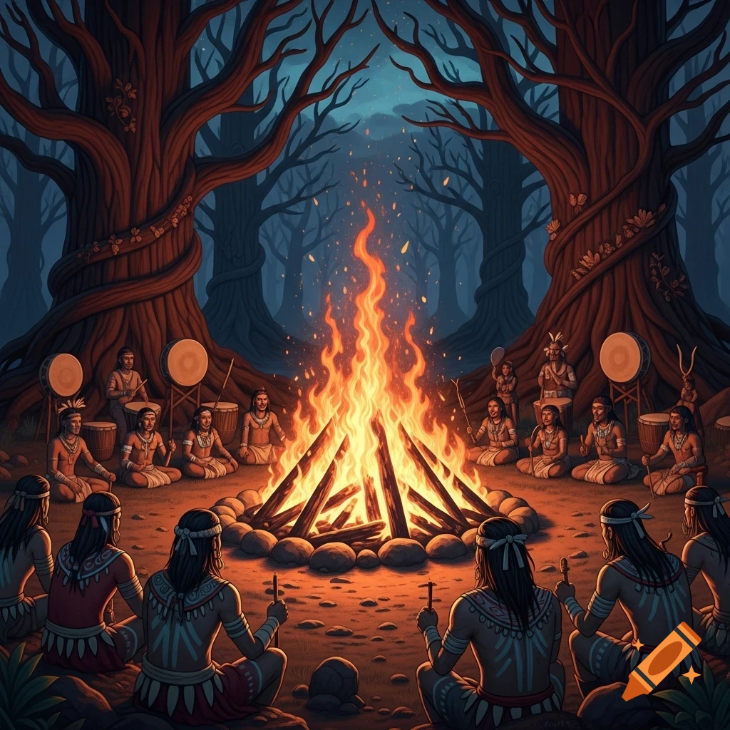 People in tribal attire gather around a large bonfire in a dark, stylized forest at night.