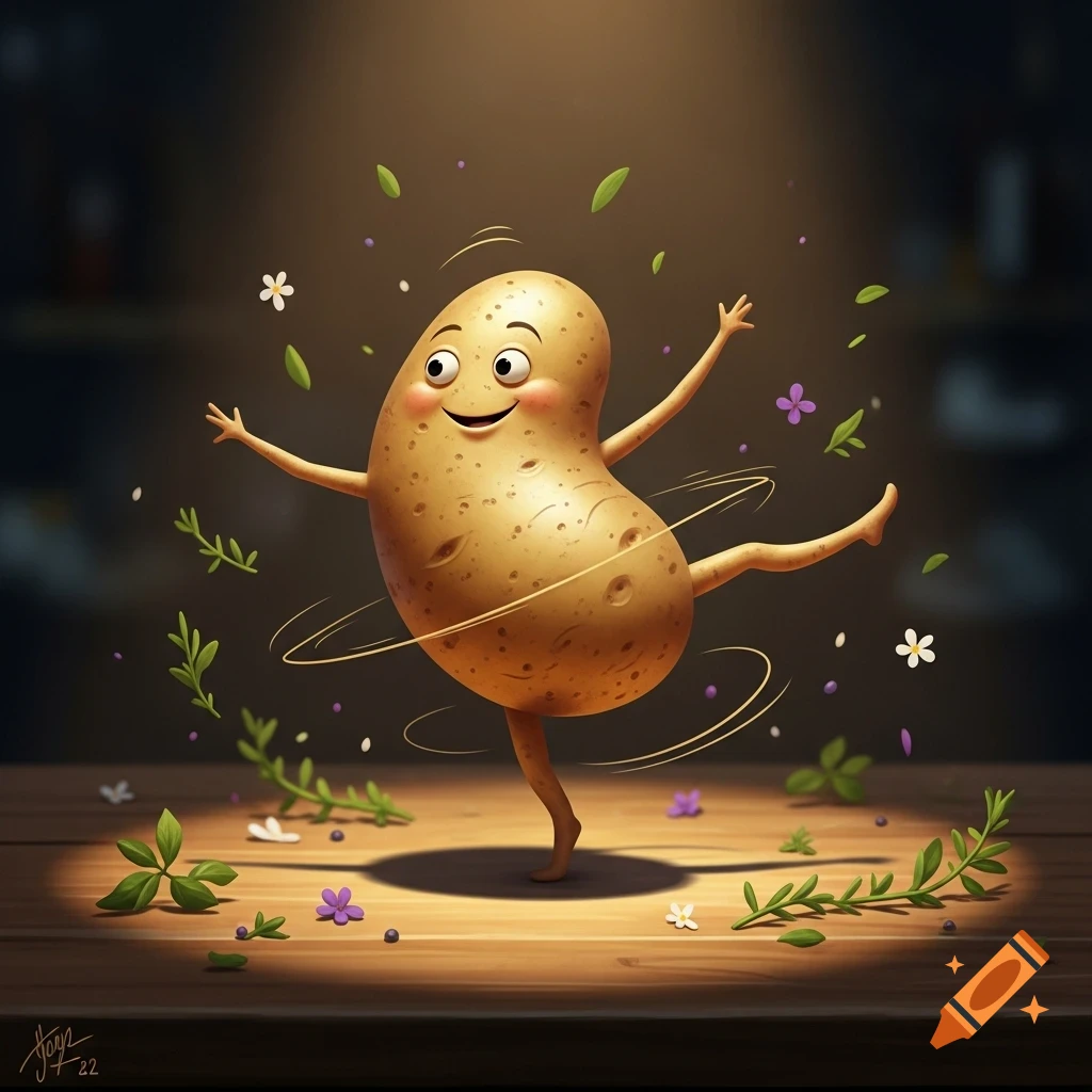 A happy, smiling cartoon potato dances on a wooden surface, surrounded by floating green leaves and small flowers, under a spotlight.