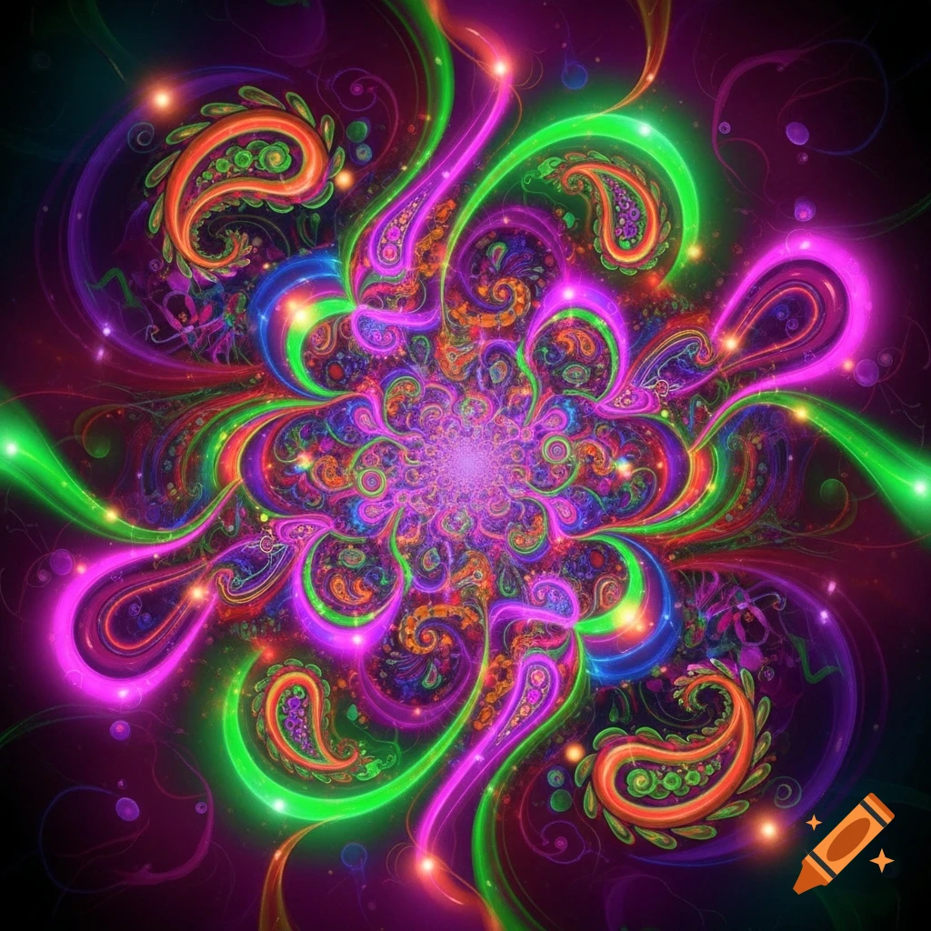 A vibrant, intricate psychedelic fractal pattern in glowing neon green, pink, purple, and orange on a dark background.