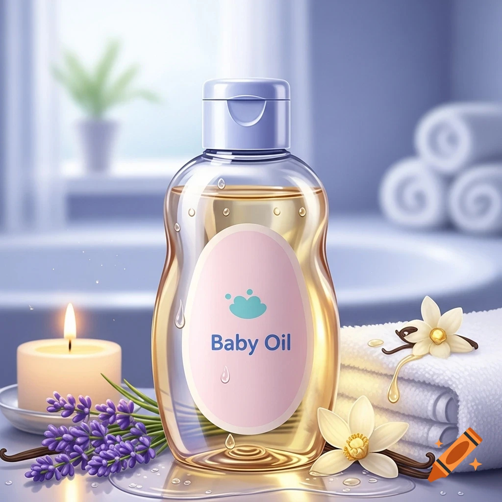 Photorealistic image of a bottle of baby oil with lavender, vanilla, a lit candle, and towels in a soft-lit bathroom.