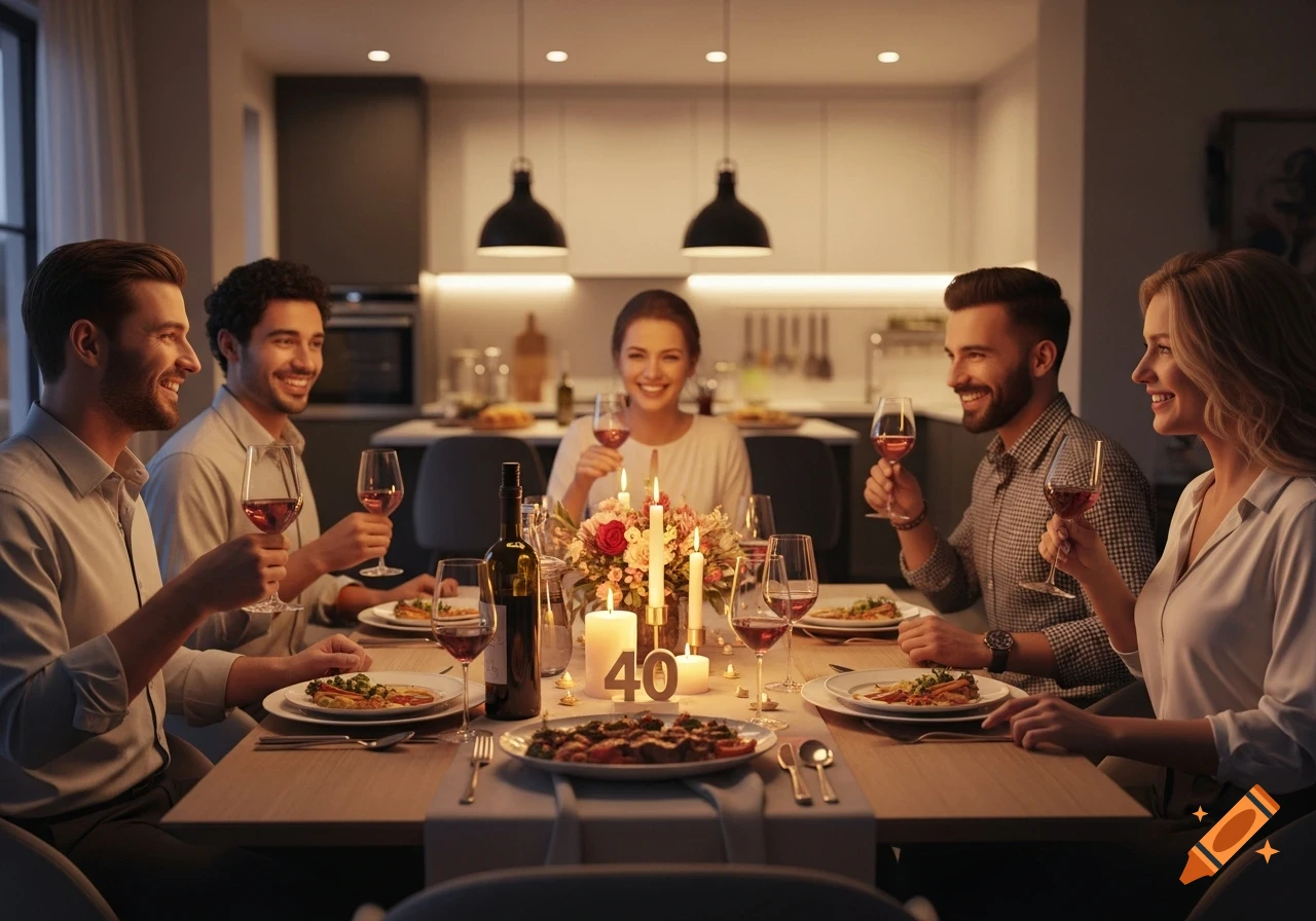 Five adults celebrate a 40th birthday dinner with wine and candles at a modern kitchen table, photorealistic style.
