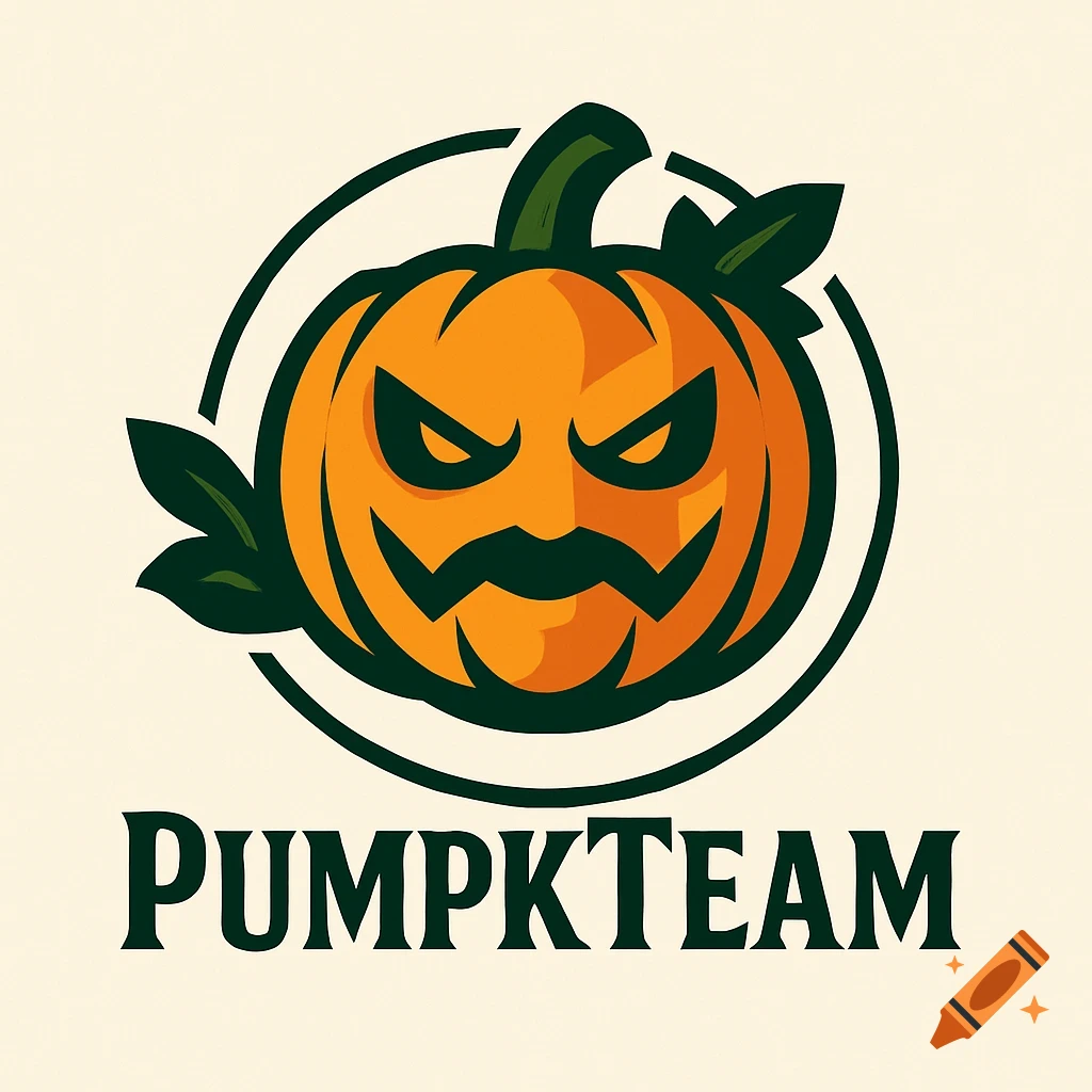 A cartoon-style logo featuring an angry jack-o'-lantern pumpkin with green leaves and stem, encircled by a partial ring. Below it reads PUMPKTEAM.