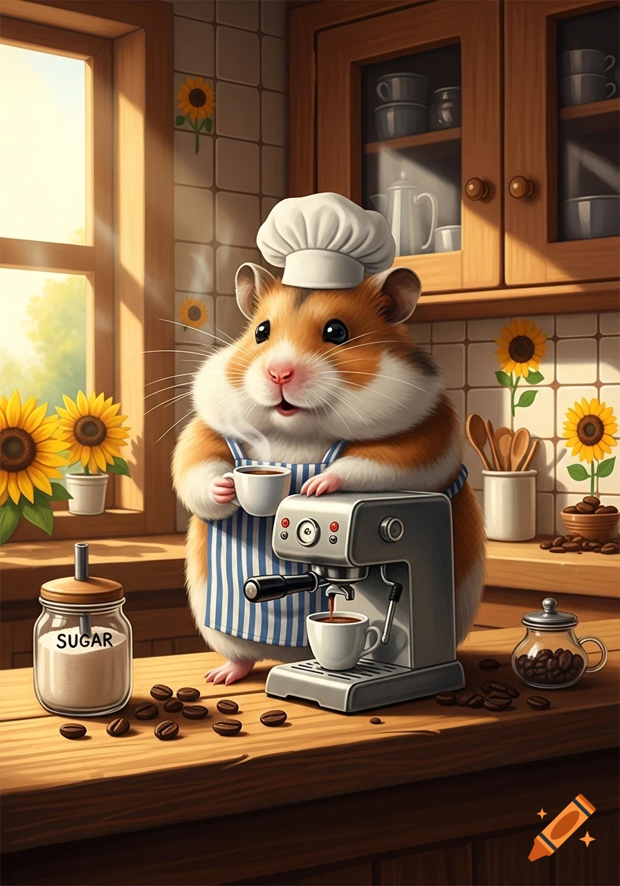 A cute cartoon hamster chef in a blue and white striped apron makes coffee with an espresso machine in a sunny kitchen with sunflowers.