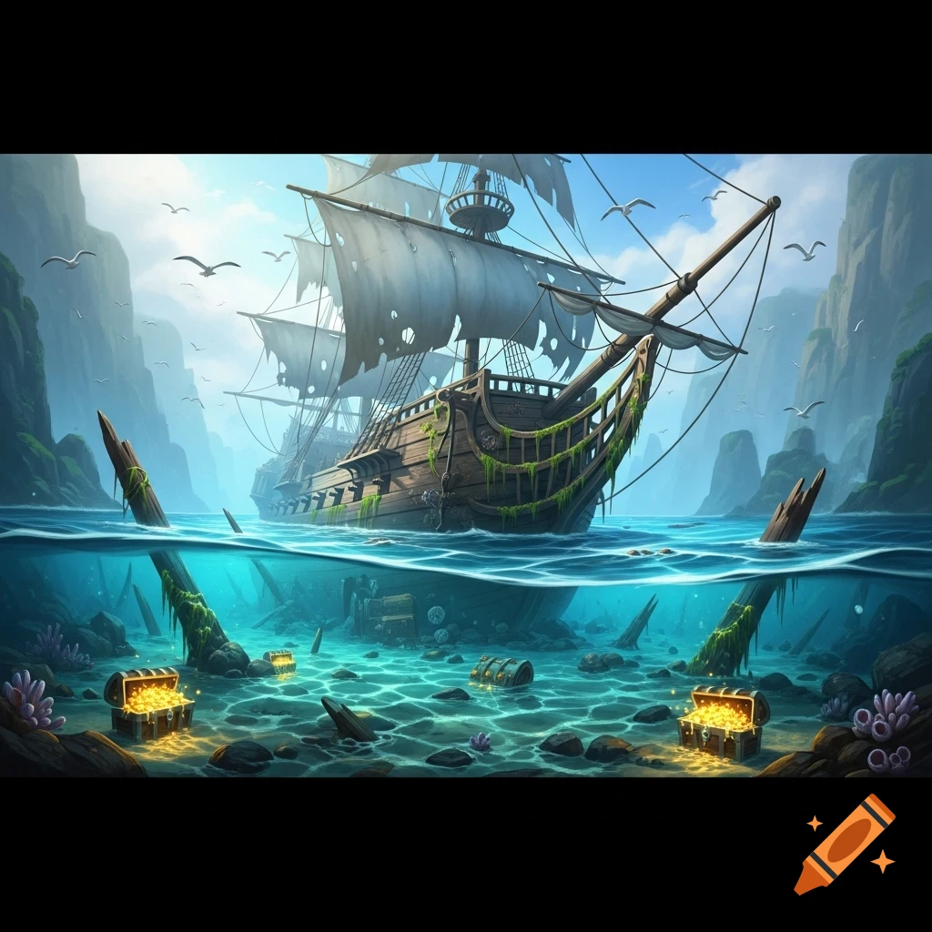 Stylized illustration of a pirate ship wreck partly submerged in clear water with glowing treasure chests on the seabed, surrounded by rocky cliffs and flying birds.