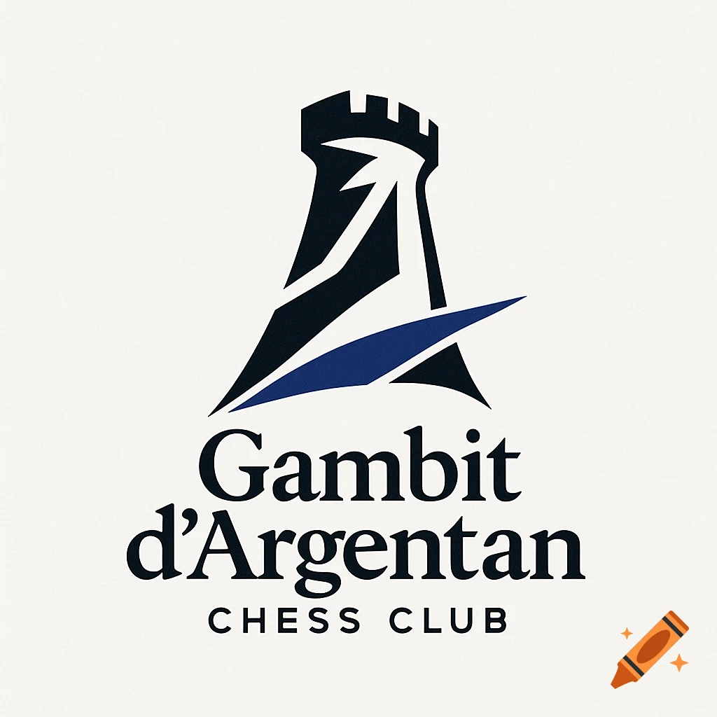Logo for Gambit d'Argentan Chess Club, featuring a stylized black chess rook with a blue accent on a white background.