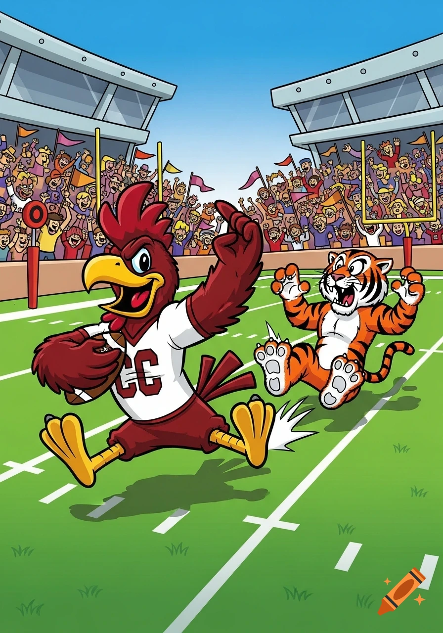 A cartoon rooster mascot in a football uniform runs with a football across a stadium field, while a tiger mascot tumbles behind. Cheering fans fill the stands.