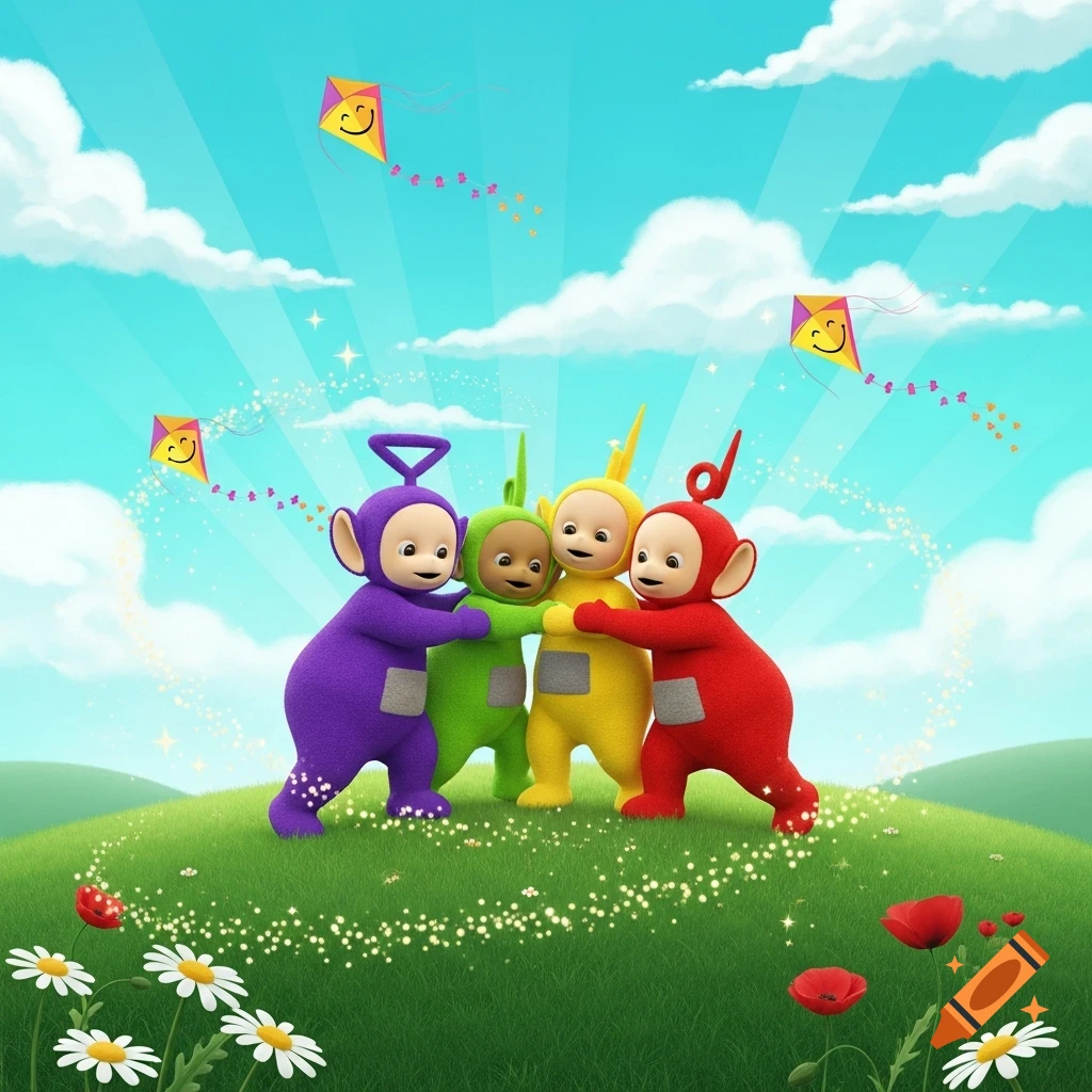 Four colorful Teletubbies, purple, green, yellow, and red, embrace on a grassy hill under a bright blue sky with kites and flowers.