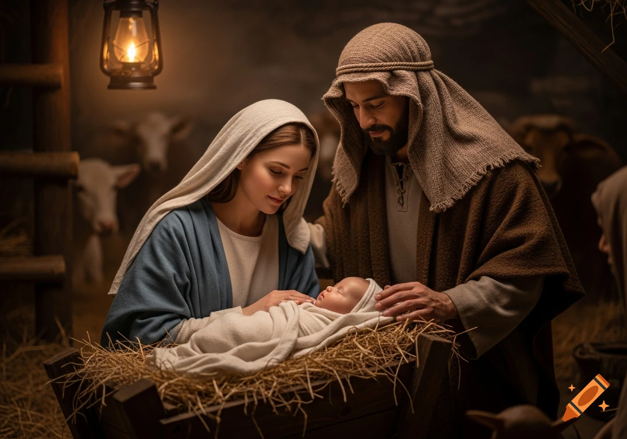 Photorealistic depiction of Mary and Joseph gazing lovingly at baby Jesus in a manger in a dimly lit stable.