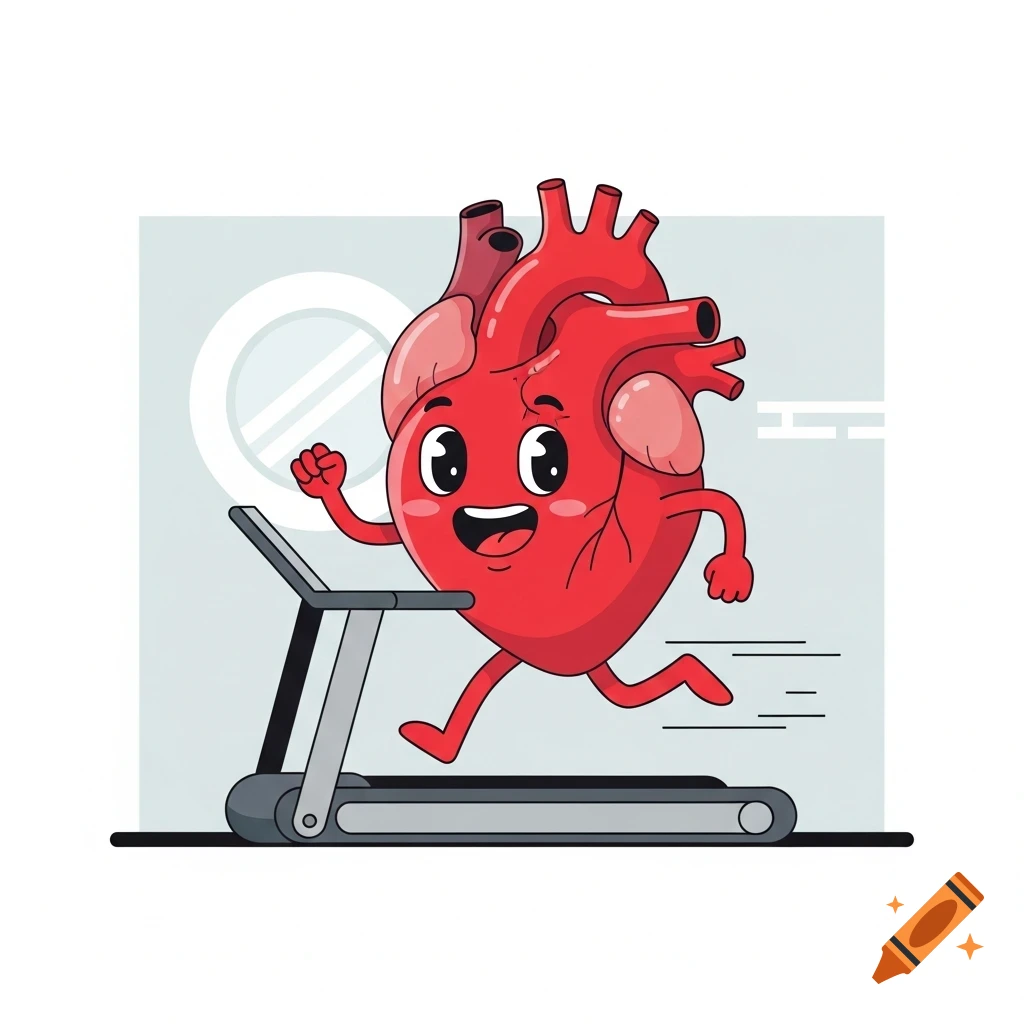 A cheerful red cartoon human heart character with arms and legs runs on a treadmill in a simple vector illustration.