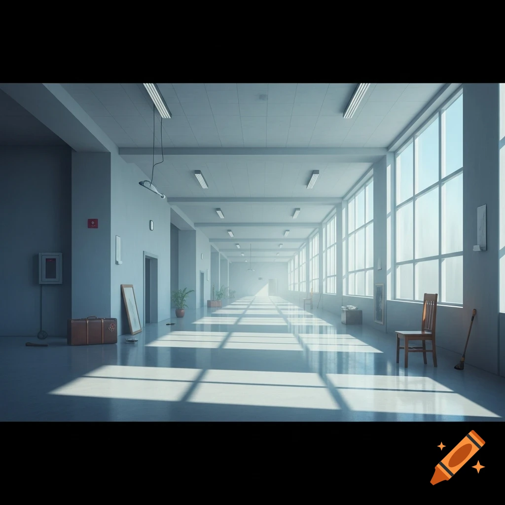A long, bright, empty hallway with large windows casting shadows on the polished floor, creating a liminal space.
