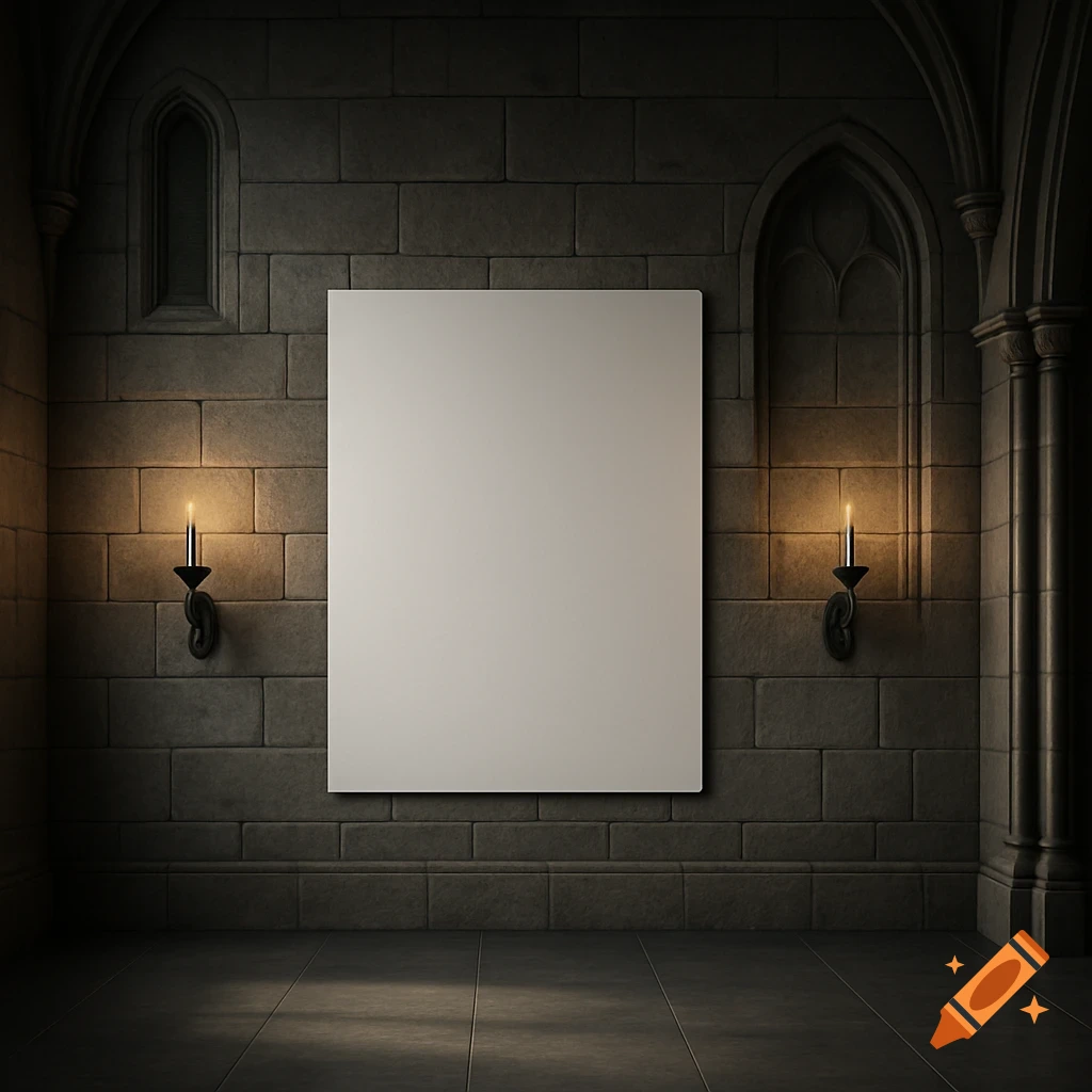 A blank white canvas poster mockup centered on a dark stone wall in a gothic-style room, flanked by lit candle sconces.