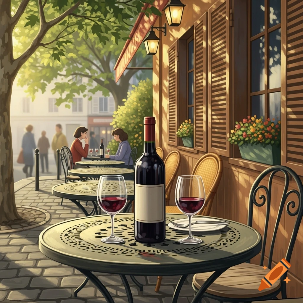 A painterly illustration of an outdoor French cafe setting, with a bottle of red wine and two glasses on a table in the foreground. People are visible in the background.