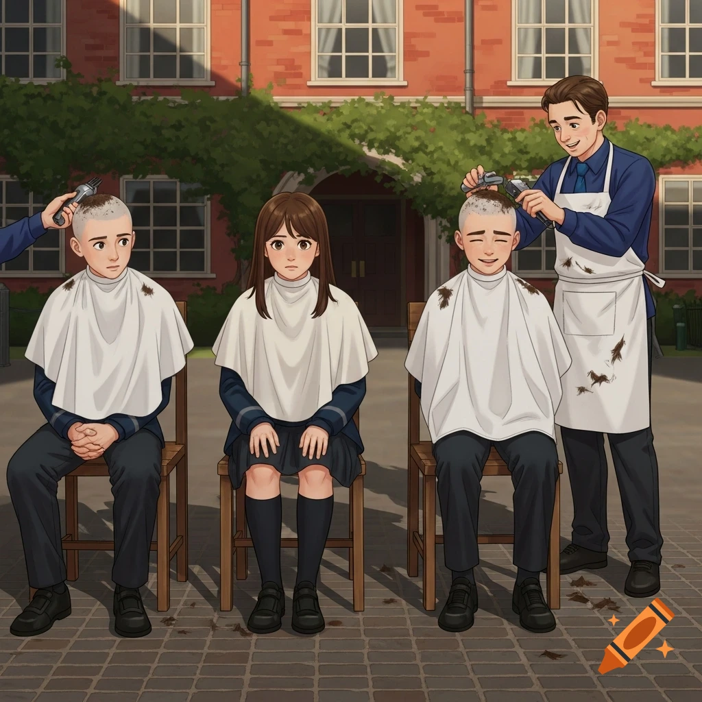 An anime-style illustration of two boys and one girl in school uniforms getting their heads shaved outdoors by a barber.