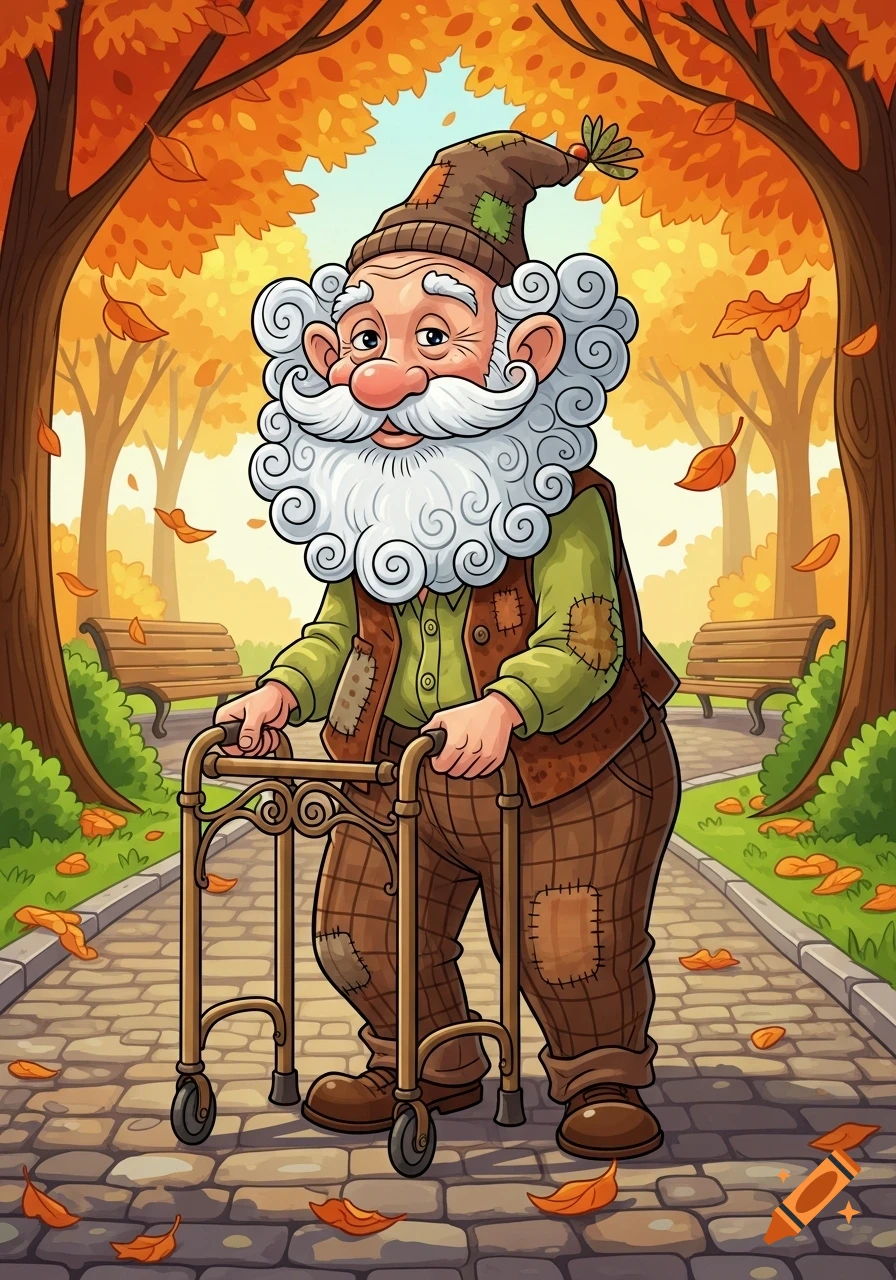 Cartoon of an elderly man with a white beard and pointed hat, pushing a walker on an autumn park path with fallen leaves.