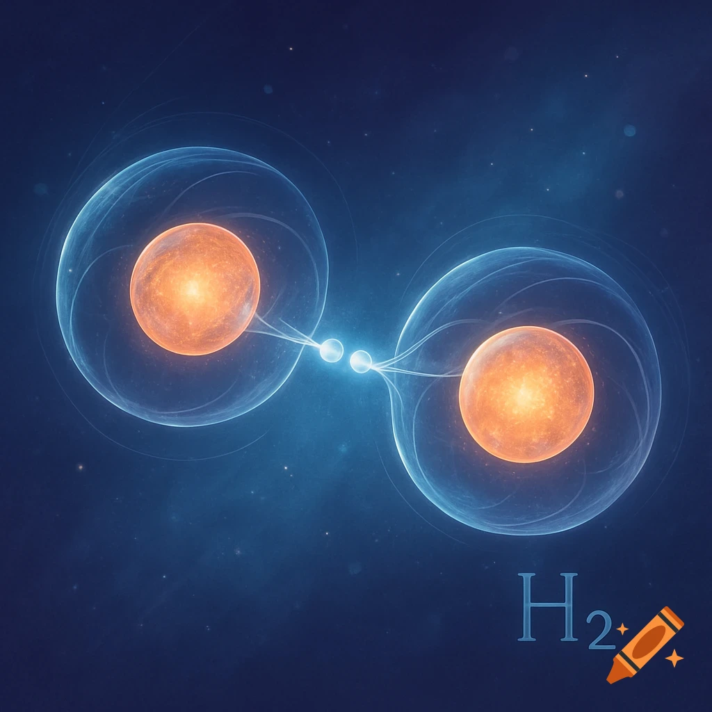 Stylized illustration of an H2 molecule with two glowing orange spheres representing nuclei, encircled by translucent blue electron shells, connected by bright blue electron dots, all set against a dark blue, starry background. The text "H2" is in the bottom right.