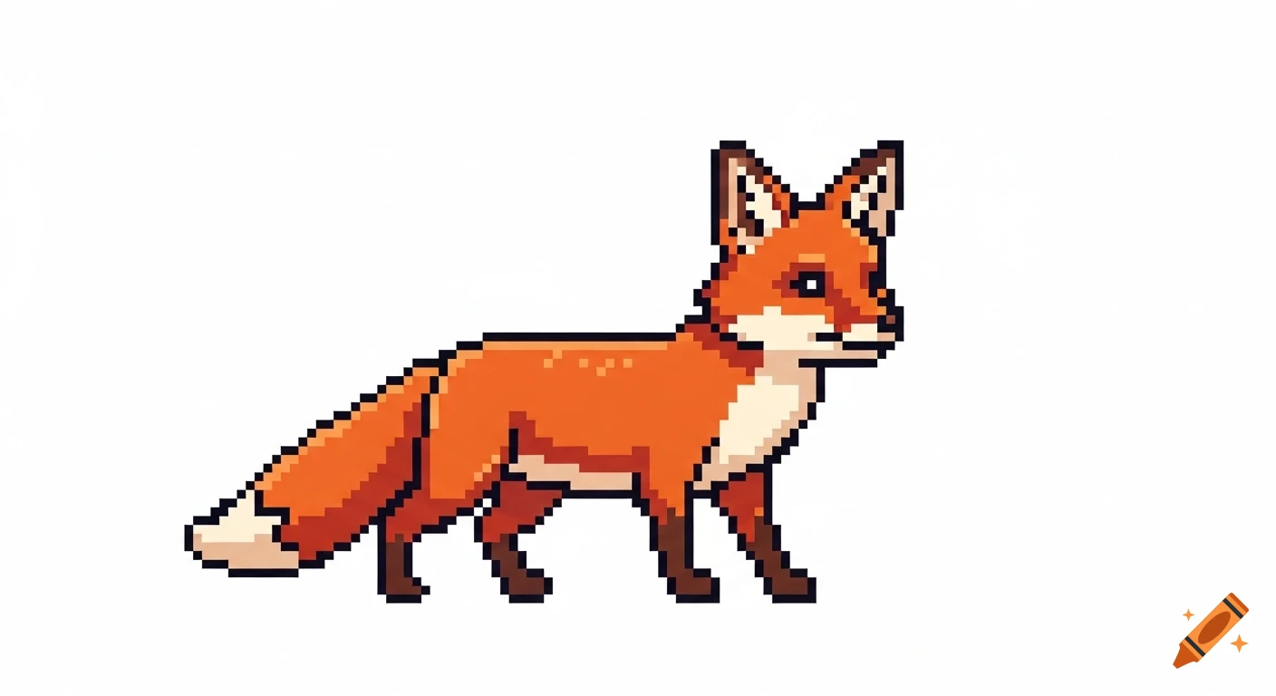 A side view of an orange and white pixel art fox with pointed ears, standing against a white background.