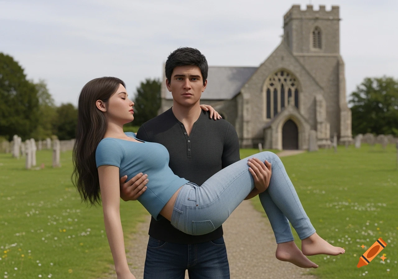 A worried man carries an unconscious woman in a church field with a stone church in the background, 3D art.