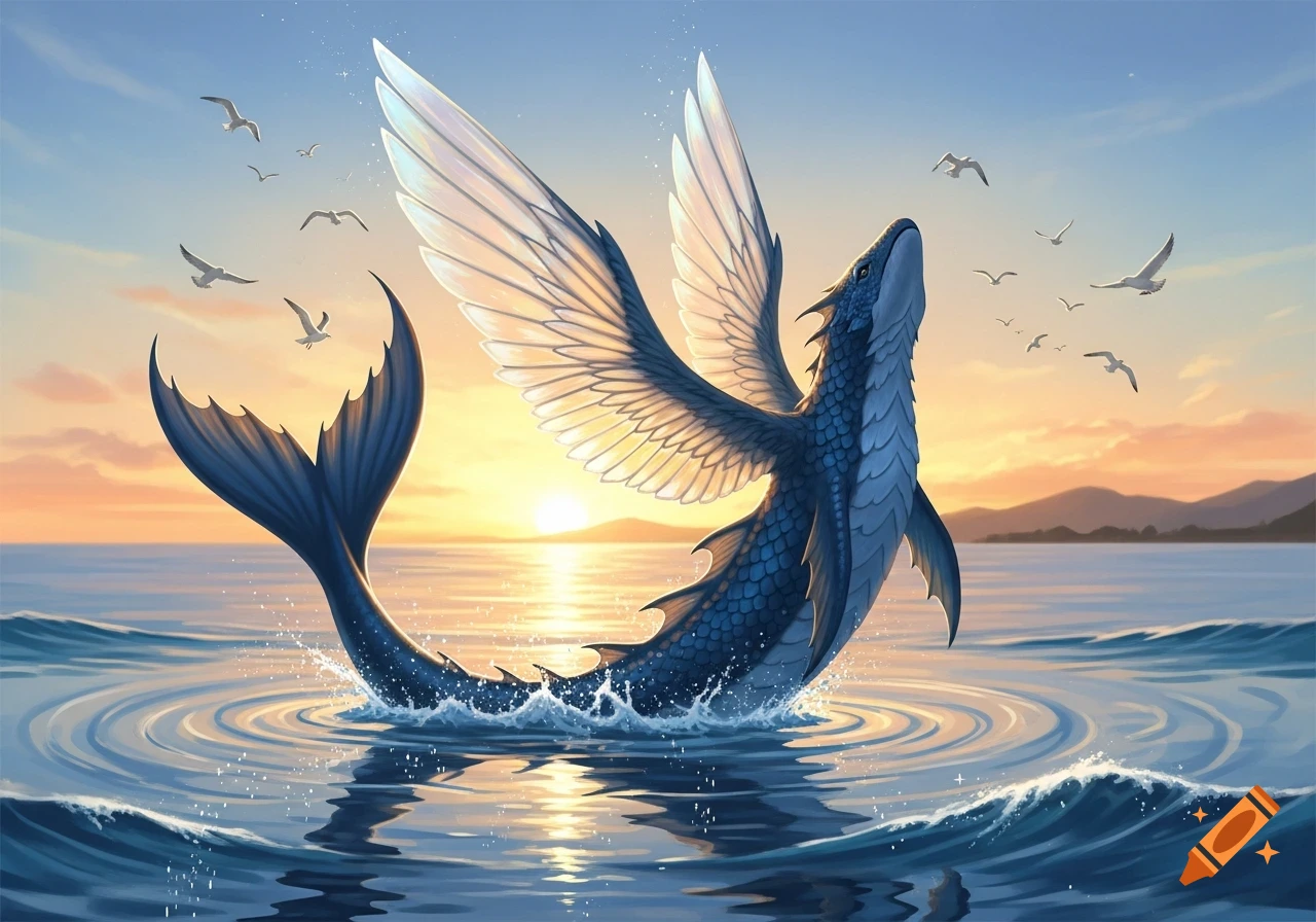 A majestic blue winged sea creature with scales and a tail jumps from the ocean at sunset, with seagulls flying against the colorful sky.