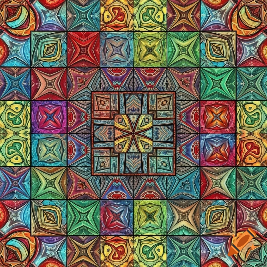 A vibrant, detailed mosaic of many colorful abstract and geometric squares.