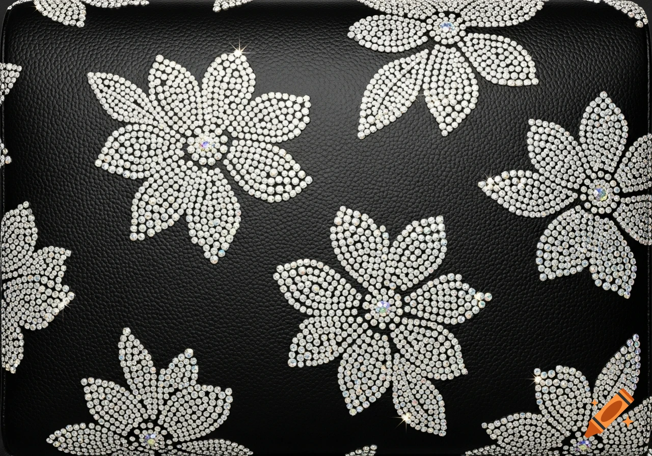 A repeating pattern of sparkling crystal flowers on a black pebbled leather background.