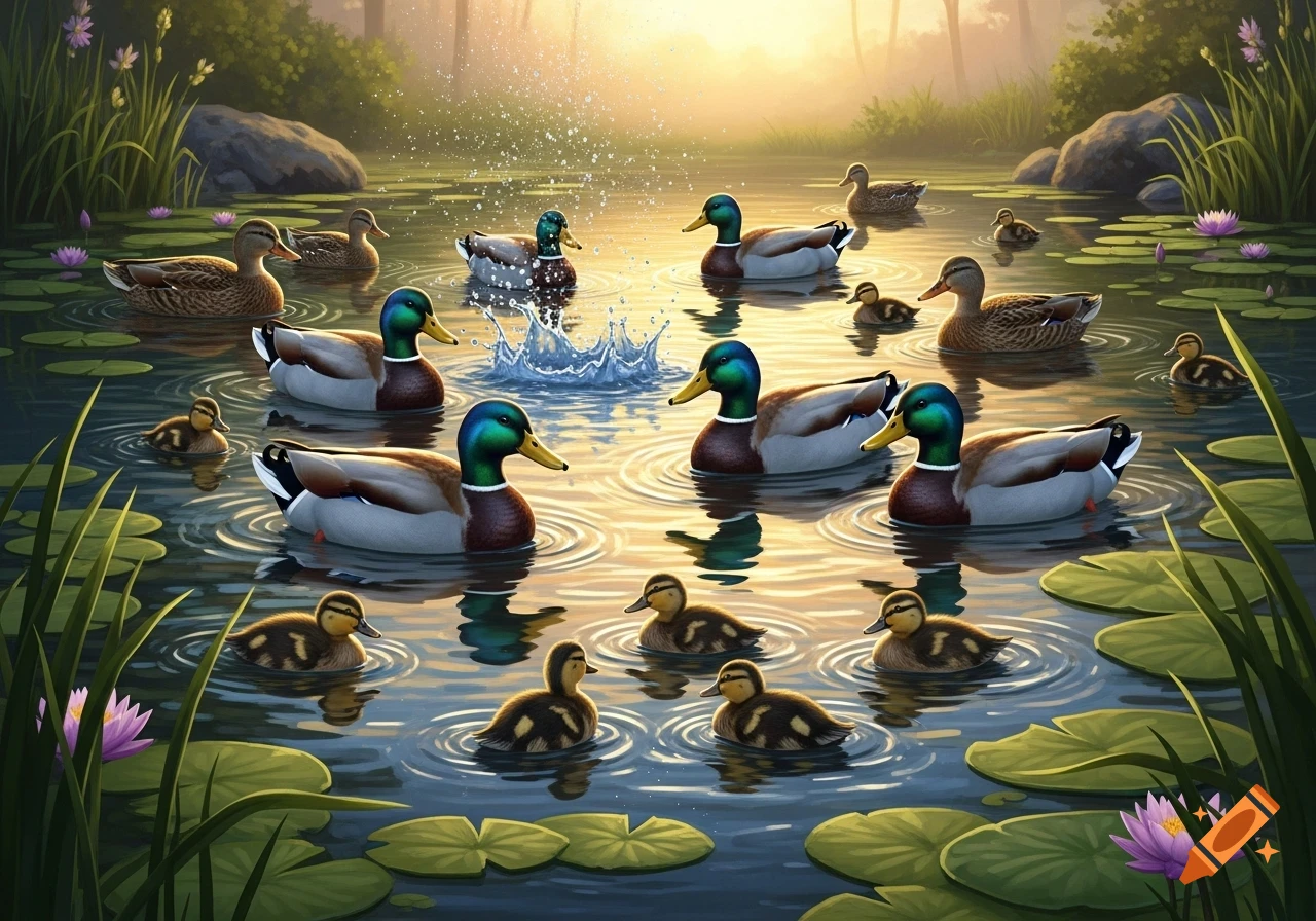 Multiple mallard ducks and ducklings swim in a serene pond at sunrise, surrounded by water lilies.