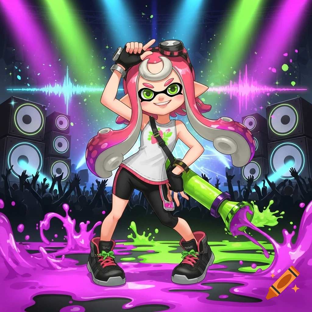 A pink-haired Splatoon character, Hime, poses confidently with a green weapon amidst a vibrant concert scene with speakers and glowing lights.