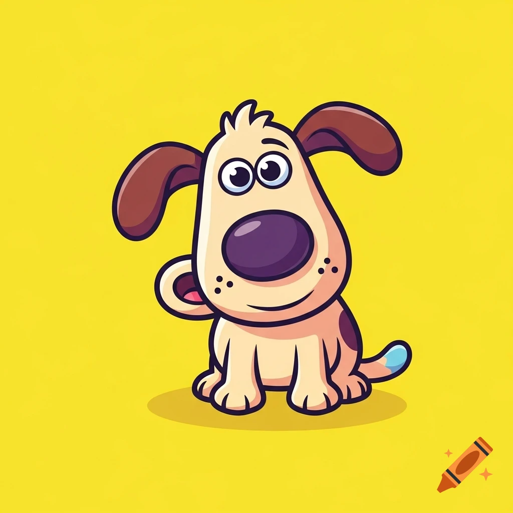 A cute cartoon dog in vector style, sitting on a bright yellow background.