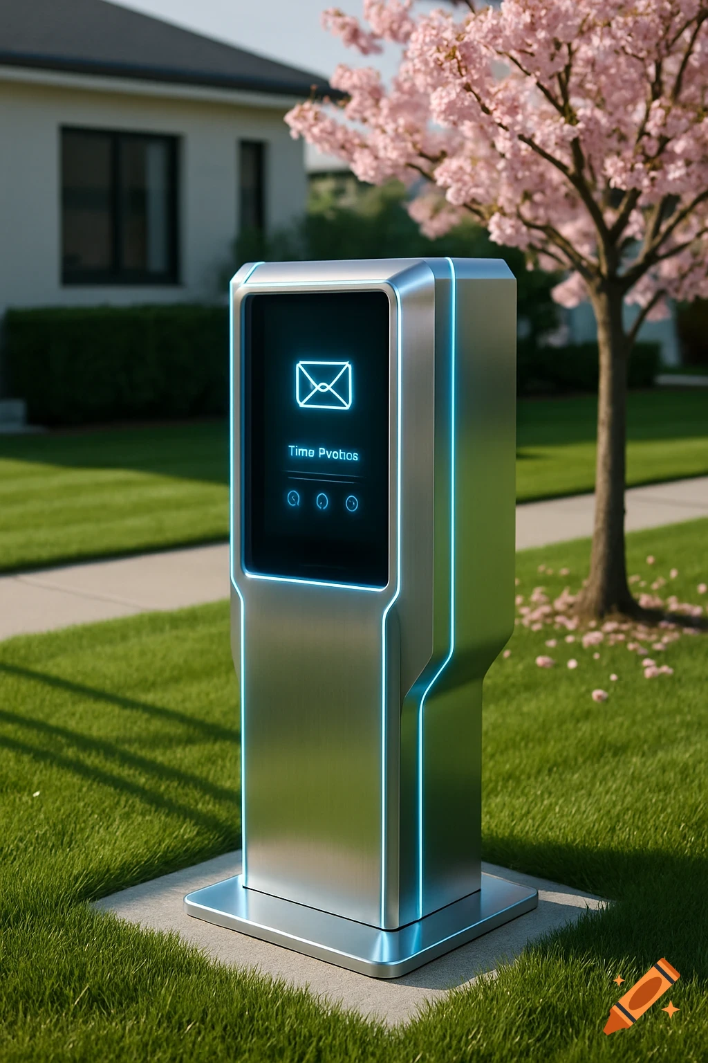 A futuristic metallic digital mailbox with a glowing blue screen showing an envelope icon and garbled text, in a suburban yard.