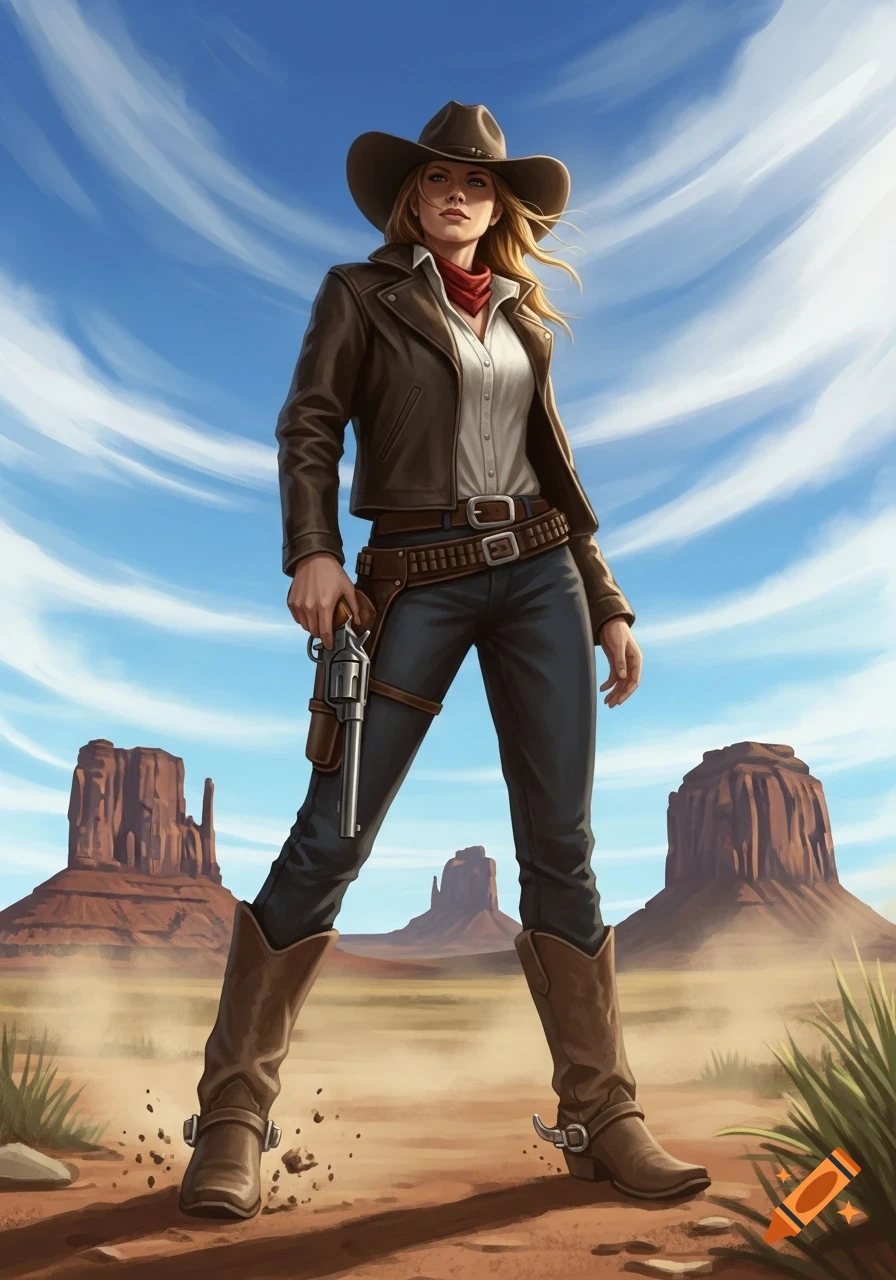 A cowgirl in a brown jacket and hat, holding a revolver, stands in a desert with mesas under a blue sky, digital art.