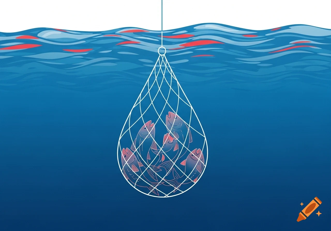 A simple 2D illustration of a fishing net full of fish in blue water, with red pollution patches on the surface.