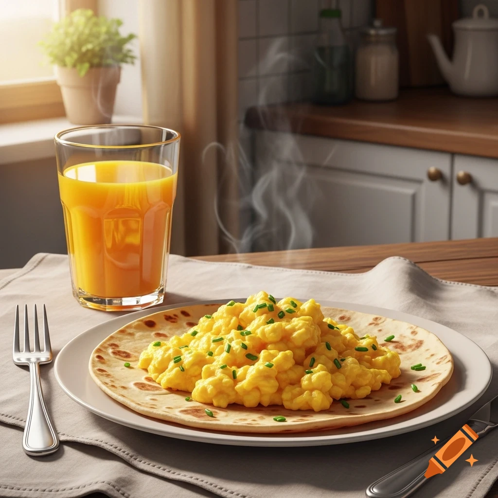 Photorealistic image of scrambled eggs with chives on a tortilla next to a glass of orange juice on a kitchen table.