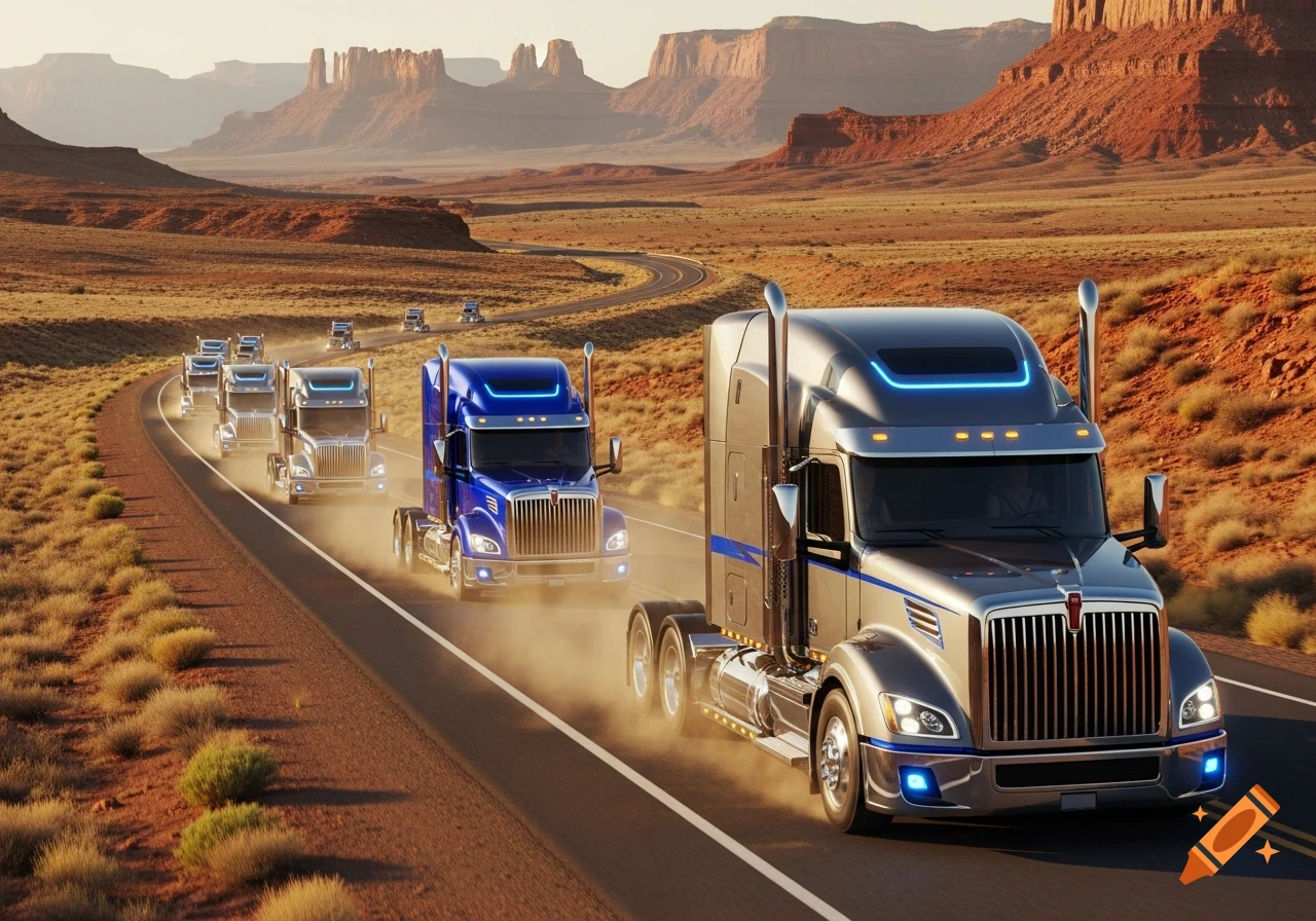 Modern semi-truck convoy on a dusty desert highway, driving past iconic red rock formations under a bright sky.