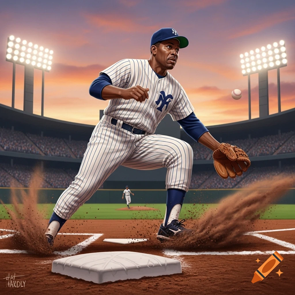 An illustrated baseball player in a pinstripe uniform slides into a base, kicking up dirt, in a stadium at sunset.