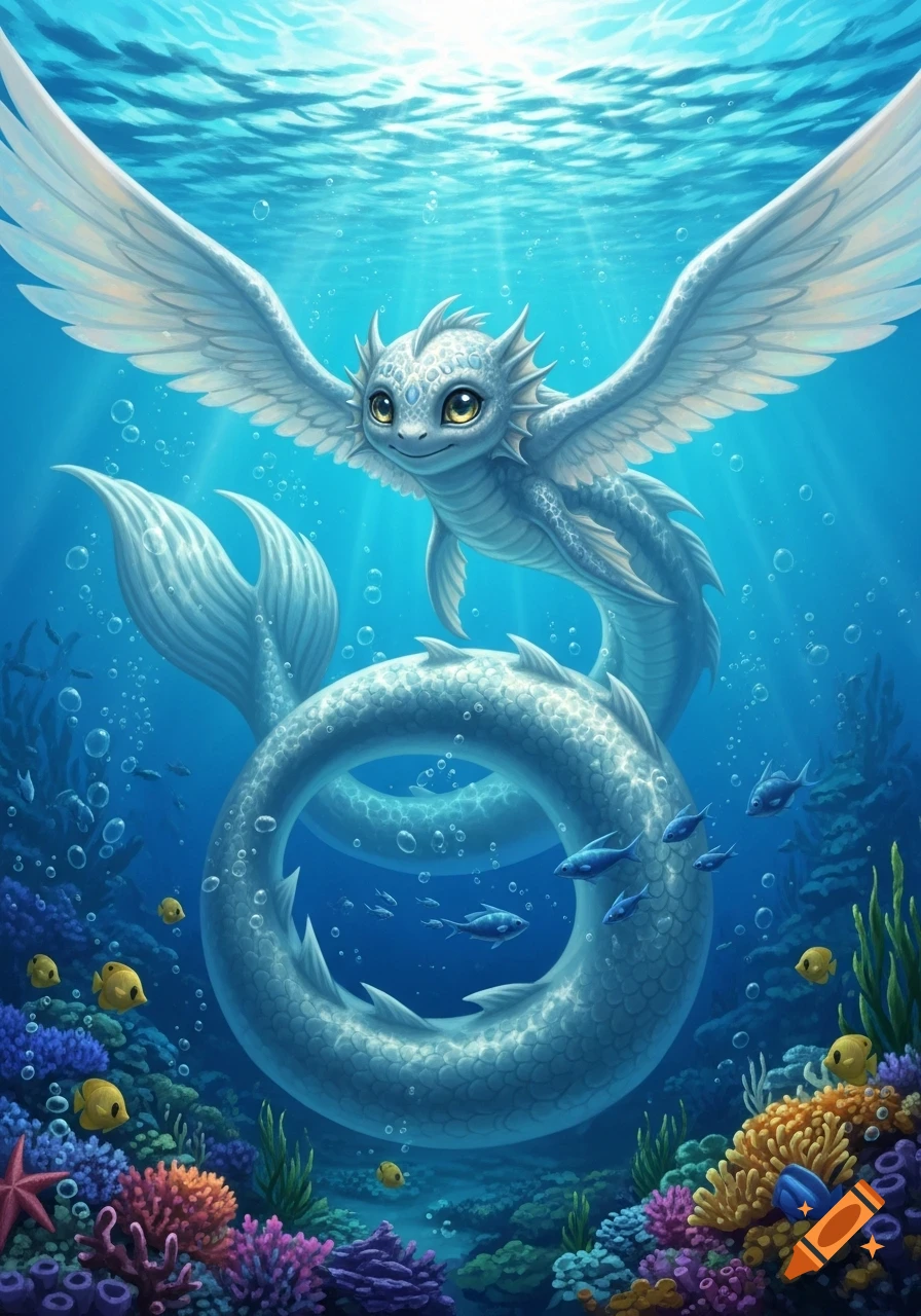 A cute, light blue winged sea monster with a long coiled tail swims above a colorful coral reef with fish.