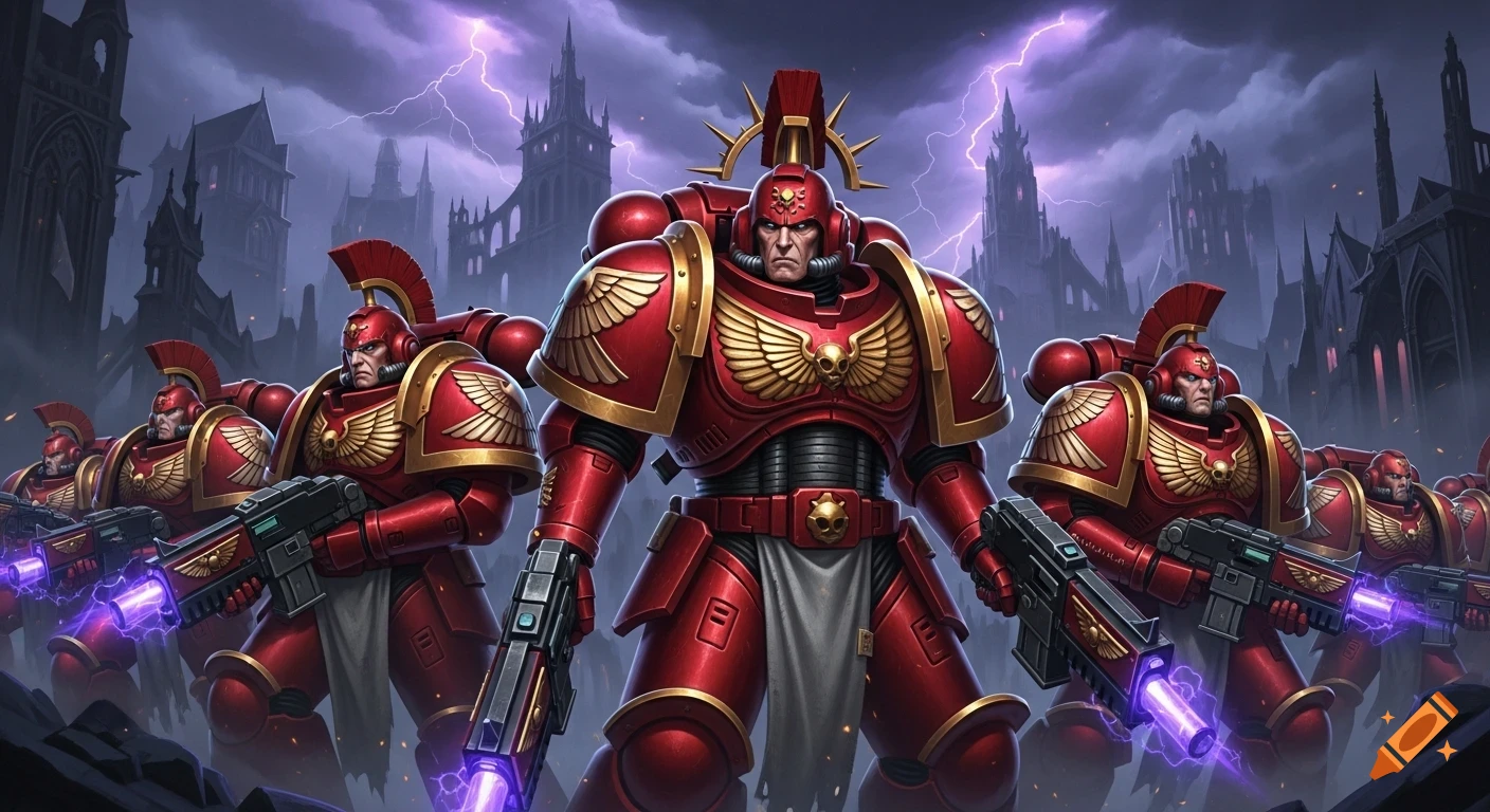 A heroic squad of red and gold Blood Angels Space Marines with glowing weapons stands in a ruined gothic cityscape under stormy, lightning-filled skies, in an anime-dark fantasy style.