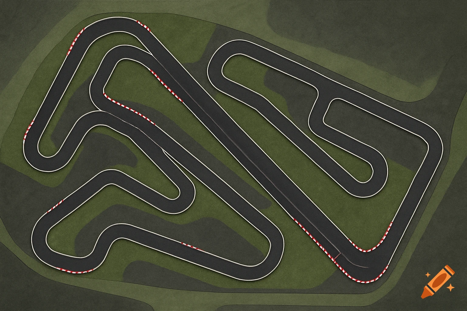 An aerial view of a detailed race track layout with multiple turns, green grassy areas, and red and white curbs.