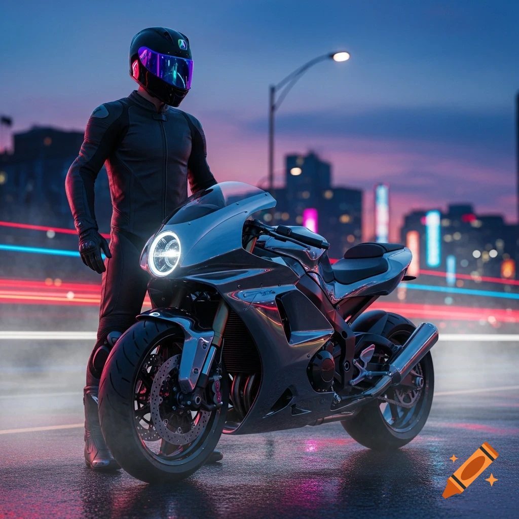 Motorcyclist in black leather suit and helmet next to a sleek motorcycle on a wet city street at dusk, with blurred neon lights.