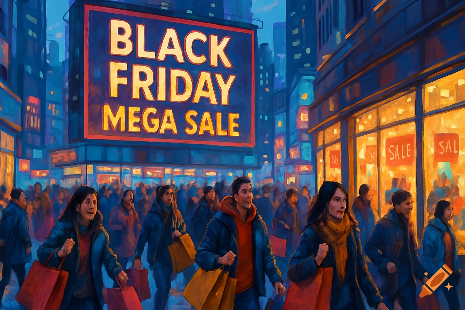 A crowded street scene with shoppers carrying bags under a large 'BLACK FRIDAY MEGA SALE' sign at night, rendered in a painterly style.