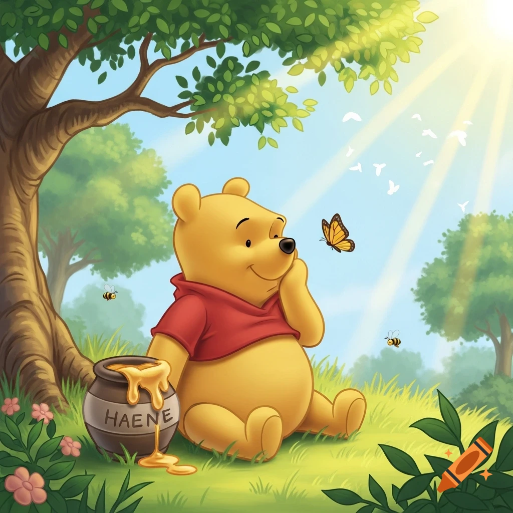 Winnie the Pooh sits under a tree, smiling at a butterfly, with spilled honey from a pot nearby, in a bright cartoon illustration.