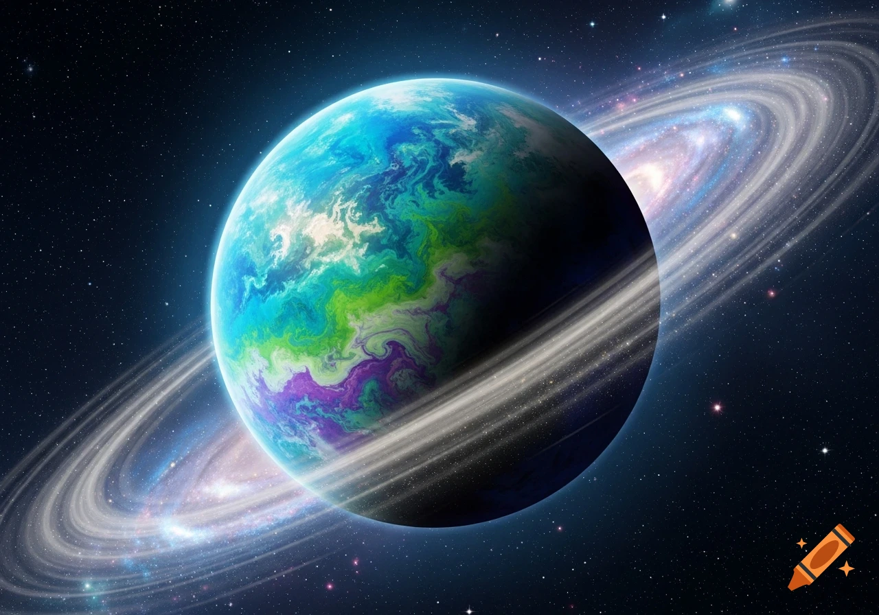 A vibrant, colorful ringed planet with swirling blue, green, and purple continents, set against a dark, star-filled galaxy.