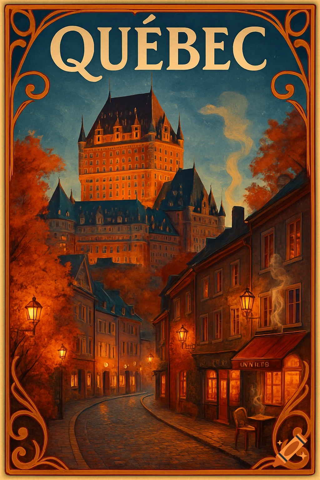 A vintage travel poster style illustration of Quebec City in autumn, featuring the Chateau Frontenac in the background and old cobblestone streets with glowing lanterns and fall foliage in the foreground. The word "QUÉBEC" is at the top.